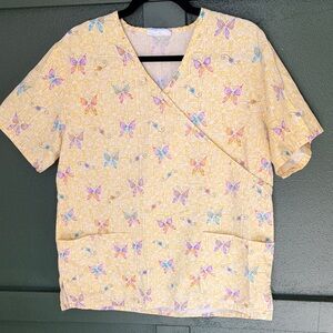 Butterfly Print Yellow Women's Scrub Top